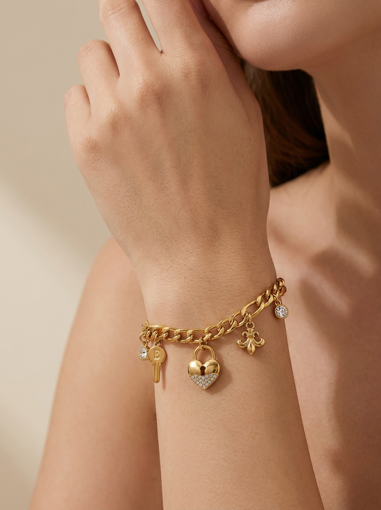 Florence Secret Heart Lock Gold Charm Bracelet